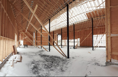 Photo credit : Distillerie St-Laurent Rimouski -- manufacture of walls and roof trusses.